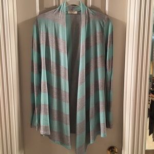 Mint green and gray open draped sweater